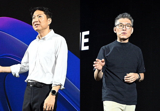 위메이드 김석환 부사장(왼쪽)과 안용운 CTO가 발표를 진행하고 있다. 사진 제공 : 위메이드