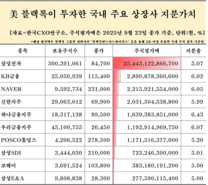 세계 최대 자산운용사인 미국 블랙록이 지분 5% 이상을 보유하고 있는 기업이 10곳인 것으로 조사됐다. 자료=한국CXO연구