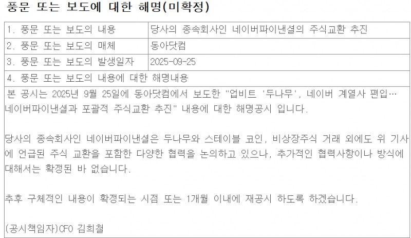 네이버는 25일 공시를 통해 업비트 운영사인 두나무와 다양한 협력 방안을 논의하고 있으나 확정된 것은 없다고 밝혔다. 자료=전자공시시스템