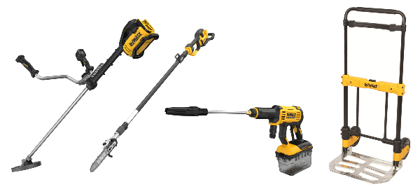 좌측부터 예초기, 장대체인톱, 고압세척건, 폴딩 핸드트럭