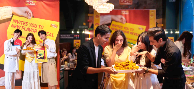 BBQ 신메뉴 ‘뿜치킹(BBoomCheeKing)’을 공개하며 포즈를 취하고 있는 글로벌 ‘친플루언서(Chicken+Influencer)’와 ‘뱀배서더(BBQ+Ambassador = BAM)’들. ⓒ BBQ