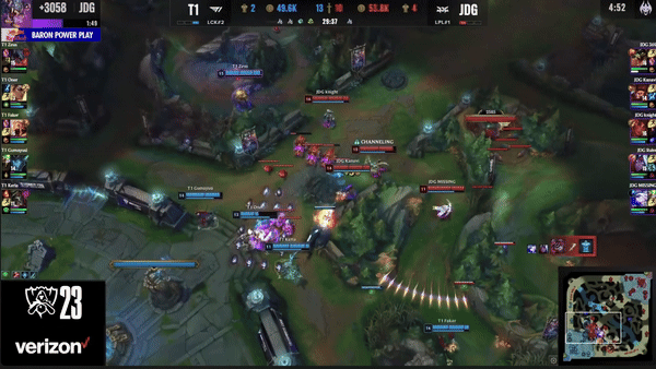 2023년 롤드컵 4강 T1과 징동 게이밍의 3세트 전투 장면(영상 출처=라이엇 게임즈).