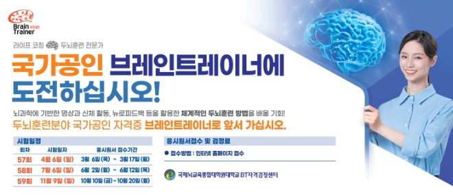 국제뇌교육종합대학원대학교(총장 공병영)는 두뇌훈련 분야의 유일한 국가공인 민간자격인 ‘브레인트레이너’ 제59회 자격검정시험을 오는 11월 9일 시행한다.
