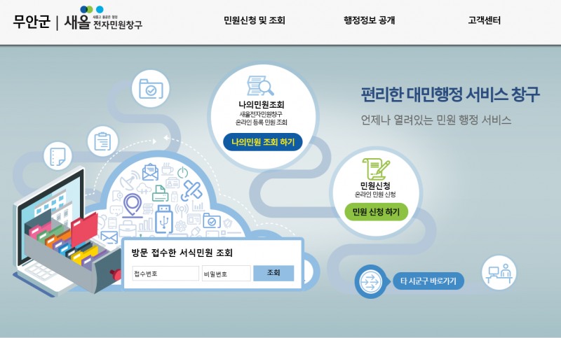 무안군청 홈페이지에 개설된 무안군 전자민원창구 ⓒ무안군