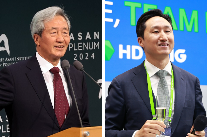 정몽준 아산사회복지재단 이사장(왼쪽)과 정기선 HD현대 회장 ⓒ연합뉴스/HD현대