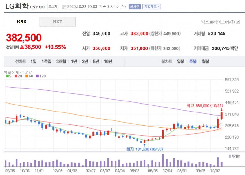 영국의 한 헤지펀드가 LG화학 주가가 저평가됐다는 지적에 22일 11% 가까이 급등하며 52주 신고가를 경신중이다. 자료=NAVER