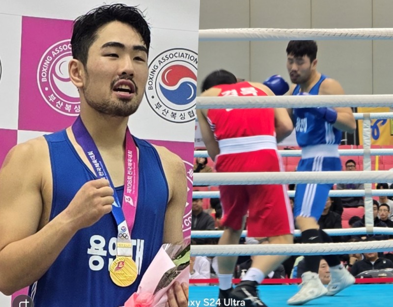 22일 열린 106회 전국체육대회 복싱경기 결승전서 금메달을 차지한 남자대학부 미들급 경기도 용인대학교 소속 김수찬 선수 (오경희 기자)