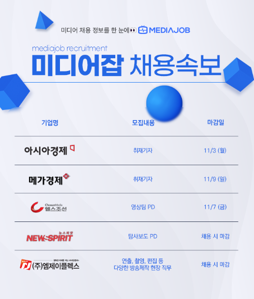 아시아경제·메가경제신문·헬스조선·뉴스피릿·엠제이플렉스 인재 모집 중