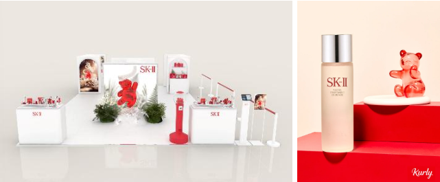 SK-II, ‘피테라 매직베어 가든’ 팝업 체험존 조감도(좌), ‘2025 한정판 컬리 매직베어 주얼리 트레이 증정 세트’(우)