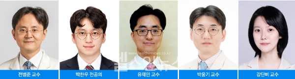 (왼쪽부터) 전병준 삼성서울병원 성형외과 교수, 박찬우 삼성서울병원 성형외과 전공의, 유재민·박웅기 삼성서울병원 유방외과 교수, 강단비 임상역학연구센터 교수 (사진 제공=삼성서울병원)