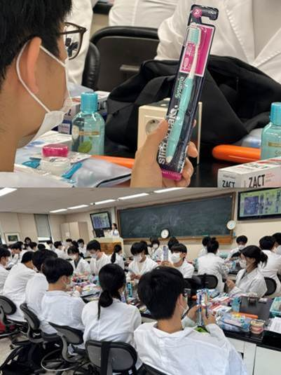 라이온코리아 지원 구강관리용품으로 실습하고 있는 연세대 치의학과 본과생들 모습.(사진 제공: 라이온코리아)