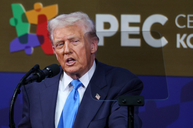 도널드 트럼프 미국 대통령이 29일 오전 경북 경주시 예술의전당에서 열린 '2025 APEC CEO 서밋'에서 정상 특별 연설을 하고 있다. ⓒ연합뉴스