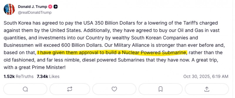 (상보) 트럼프 “한국 핵추진 잠수함 건조 승인...美필리 조선소서 건조”