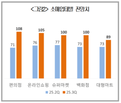 올해 3분기 소매유통업 경기전망지수(RBSI) 소매업태별 전망치 그래프 ⓒ 대한상공회의소