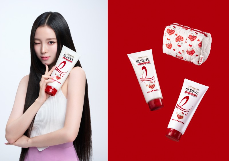 (좌) 미야오 나린, ‘토탈 리페어 5 헤어팩 헬로키티 에디션’ (우) 로레알파리 토탈 리페어 5 헤어팩 헬로키티 에디션