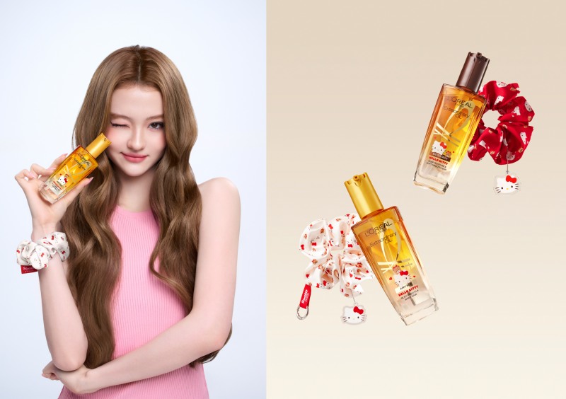 (좌) 미야오 엘라, 엑스트라오디네리 오일 에어리 실크 헬로키티 에디션 (우) 로레알파리 엑스트라오디네리 오일 헬로키티 에디션 기획 세트 2종