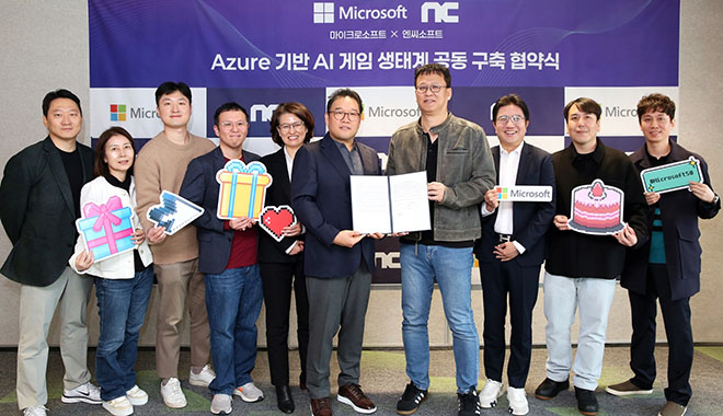 왼쪽부터 한국마이크로소프트 게임고객사업부 마승재 영업대표, 한국마이크로소프트 이종희 기술영업 매니저, Azure 정원찬 GTM 매니저, 한국 마이크로소프트 게임고객사업부 안재훈 팀장, 한국마이크로소프트 민주홍 게이밍 사업 부문장, 한국마이크로소프트 조원우 대표, 배재현 빅파이어 게임즈 대표 겸 엔씨소프트 CDA(Chief Development Advisor, 부사장), 엔씨소프트 최원종 IP얼라이언스실장(상무), 엔씨소프트 소인섭 IP사업개발센터장(상무), 빅파이어 게임즈 황성진 신더시티 PD(상무). 사진 제공 : 엔씨소프트