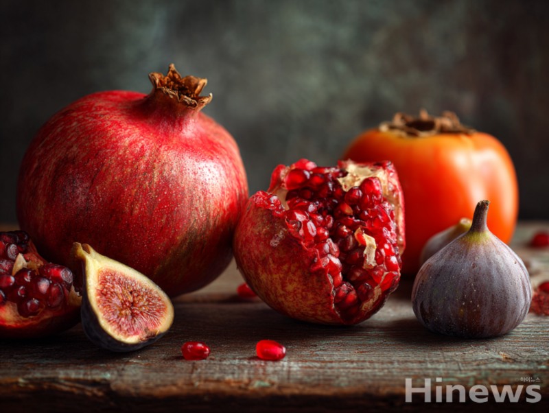 가을은 당도와 영양이 최고조에 이르는 과일의 계절이다. 사과, 배, 감, 석류, 무화과 등 다양한 제철 과일이 풍부한 비타민과 항산화 성분으로 면역력 강화와 피로 회복에 도움을 준다. (이미지 디자인 =GDH AI Design Team)