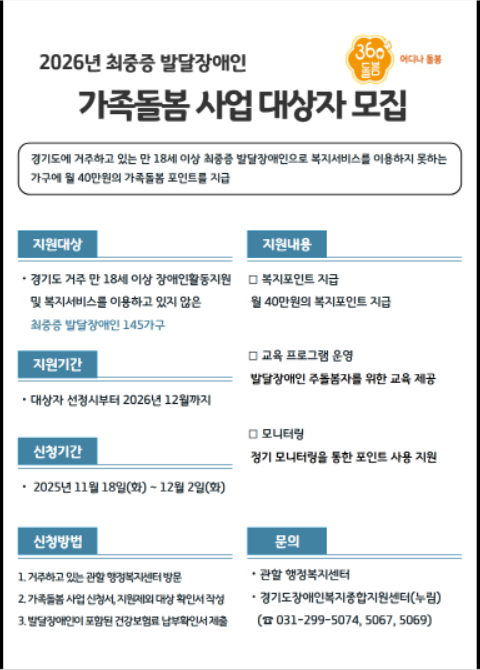 최중증 발달장애인 가족돌봄 사업 대상자 모집 안내문