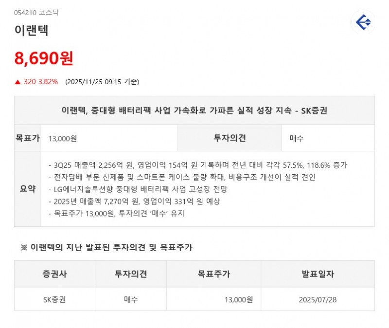 배터리팩 기업 변신…이랜텍, 2026년 LG엔솔향 매출 3배 폭증 예상