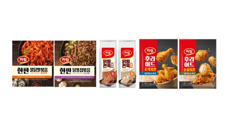 사진_하림 안주용 제품 3종(왼쪽부터 한판 불닭발볶음∙닭똥집볶음, 닭발편육, 하림치킨 시리즈)