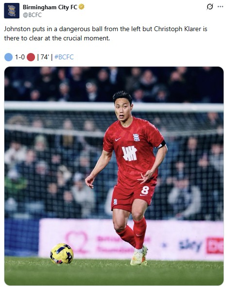 웨스트브로미치와의 경기에 출전한 백승호 / 사진=버밍엄시티 엑스(X) 캡처. 연합뉴스