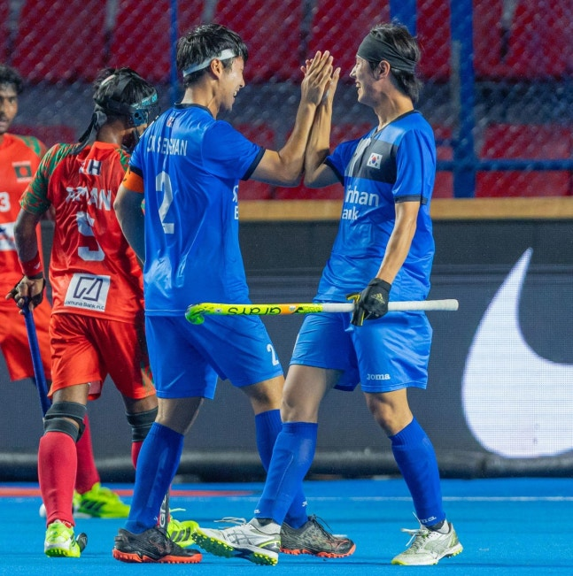 방글라데시와 경기에서 득점 후 기뻐하는 한국 선수들. / 사진=아시아 하키연맹 소셜 미디어 사진. 연합뉴스