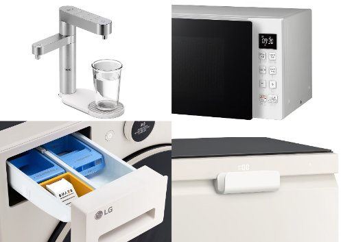 LG전자가 성별∙나이∙장애 유무와 상관없이 모든 고객이 가전을 편리하게 사용하도록 자체 개발한 보조 액세서리 ‘LG 컴포트 키트’ 신규 라인업 4종을 공개했다. 왼쪽 상단부터 시계 방향으로 △정수기 이지트레이(물받침) △전자레인지 터치가이드 △식기세척기 이지핸들(도어) △세탁기 이지세제컵 / 사진 = LG전자