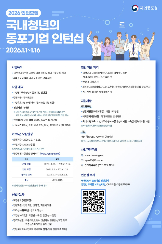 2026 인턴 모집 '국내 청년의 동포기업 인턴쉽' 포스터. (사진제공=상명대)