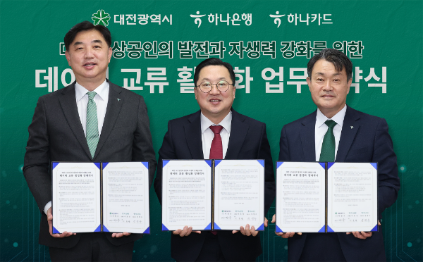 하나은행과 하나카드는 지난 16일 대전광역시청에서 대전광역시와 함께 '데이터 교류 활성화를 위한 업무협약'을 체결하고, 지역사회 발전 및 소상공인의 자생력 강화를 위해 상호 협력키로 했다.협약식에 참석한 이동열 하나은행 충청영업그룹 부행장(왼쪽 첫번째)과 성영수 하나카드 대표(왼쪽 세번째)가 이장우 대전광역시장(가운데)과 함께 기념촬영을 하고 있다.