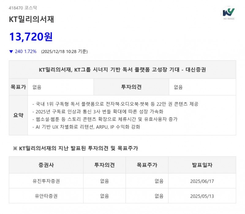 KT밀리의서재, B2B2C 70%↑·요금 20%↑…AI 독서로 ARPU 개선 - 대신증권