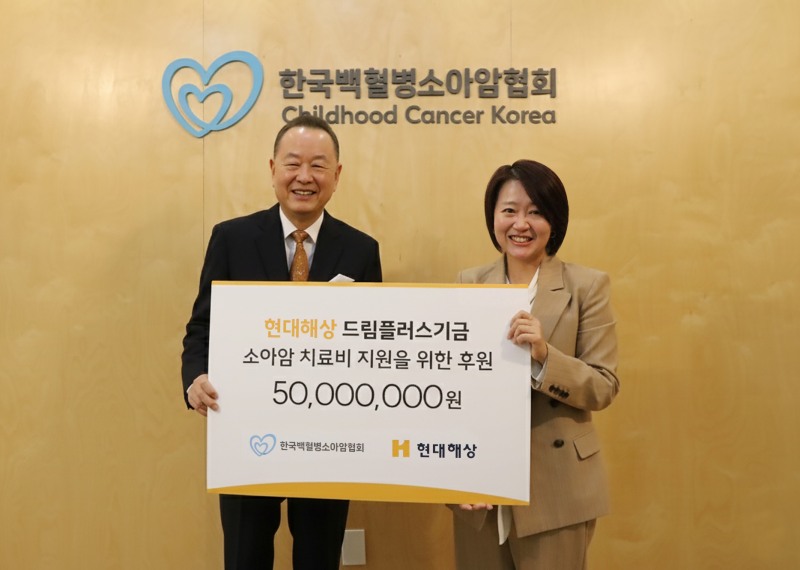 지난 18일 서울시 마포구에 위치한 한국백혈병소아암협회에서 현대해상 브랜드전략본부 주준형 상무(오른쪽)가 한국백혈병소아암협회 이중명 협회장에게 드림플러스기금을 전달하고 있다./현대해상