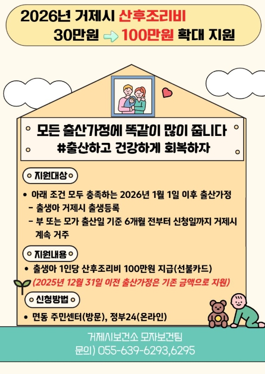 거제시, 산후조리비 30만원에서 100만원으로 확대 (이미지 제공=거제시)