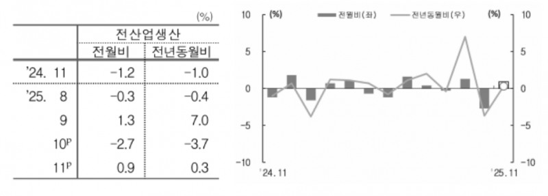11월 전산업생산지수가 0.9% 올랐으나 지난 8월부터 한 달 단위로 들쭉날쭉하며 심한 변동을 보이고 있다. 자료=국가데이터처