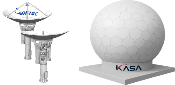 컨텍이 개발한 9m급 태양관측위성 수신 안테나 및 레이돔(안테나 보호 시설) 모델링 이미지.