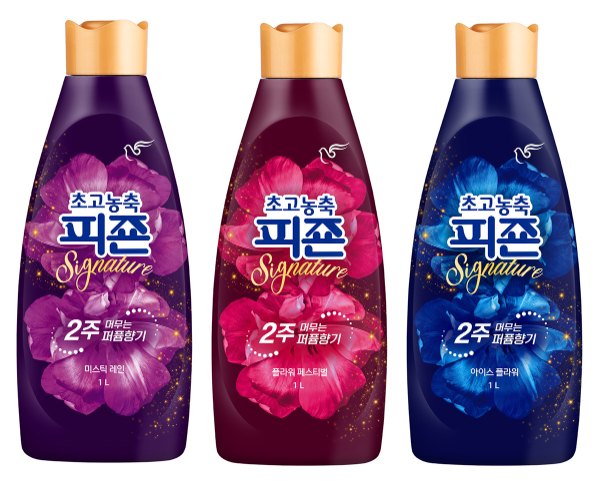 (좌측부터) 피죤 ‘초고농축피죤 시그니처 미스틱레인’. 피죤 ‘초고농축피죤 시그니처 플라워페스티벌피죤 ‘초고농축피죤 시그니처 아이스플라워'(사진제공=피죤)’,