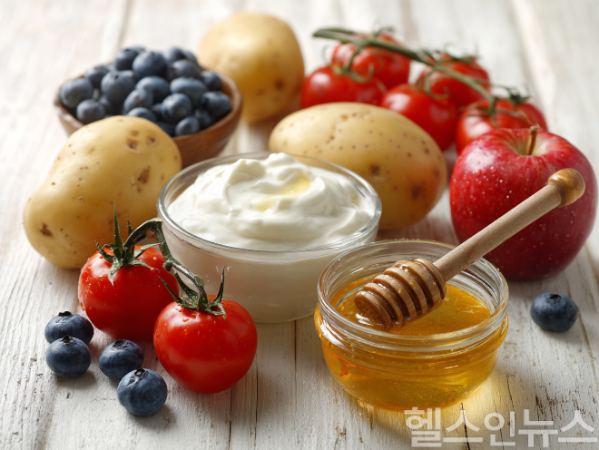 아침 공복에는 위 점막에 자극을 주지 않으면서 소화가 잘되는 감자나 사과 같은 식품을 선택하는 것이 장기적인 위 건강에 유리하다. (이미지 디자인 =GDH AI Design Team)