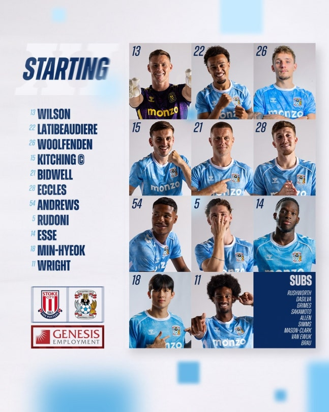 스토크와 FA컵 3라운드에서 코번트리의 선발 출전 선수 명단에 든 양민혁(18번). / 사진=코번트리 시티 구단 SNS, 연합뉴스