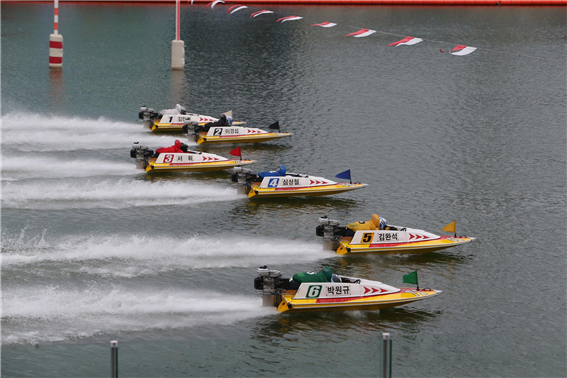 미사경정장에서 선수들이 힘차게 경주를 시작하고 있다.