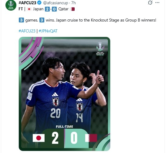 일본의 카타르전 2-0 승리 소식을 전한 AFC. / 사진=AFC SNS. 연합뉴스