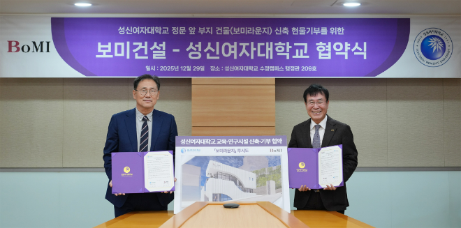 왼쪽부터 이성근 성신여대 총장과 김덕영 ㈜보미건설 회장. (사진제공=성신여대)