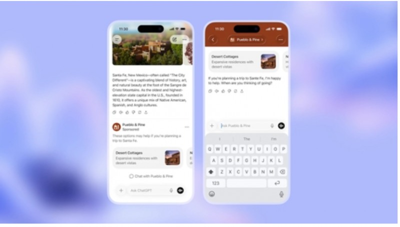 오픈AI가 공개한 챗GPT 내 광고의 예시 화면. 뉴멕시코주 산타페 여행과 관련한 대화 아래 별장 광고가 표시되고 있고, 해당 별장에 대해 대화를 이어갈 수 있는 화면도 보인다. 자료=오픈AI 제공, 연합뉴스