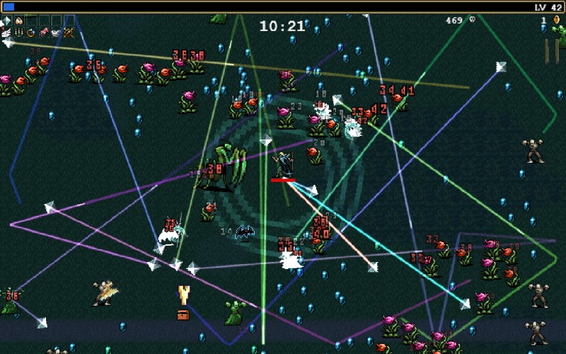 종스크롤 슈팅게임 게임으로 개발 가능 여부를 검토하고, 최종적으로 뱀서류 게임을 개발하는 것을 목표로 프로젝트를 진행하기로 결정했다. 사진은 '뱀파이어 서바이벌' 플레이화면(출처=스마일게이트 스토브 판매 페이지).