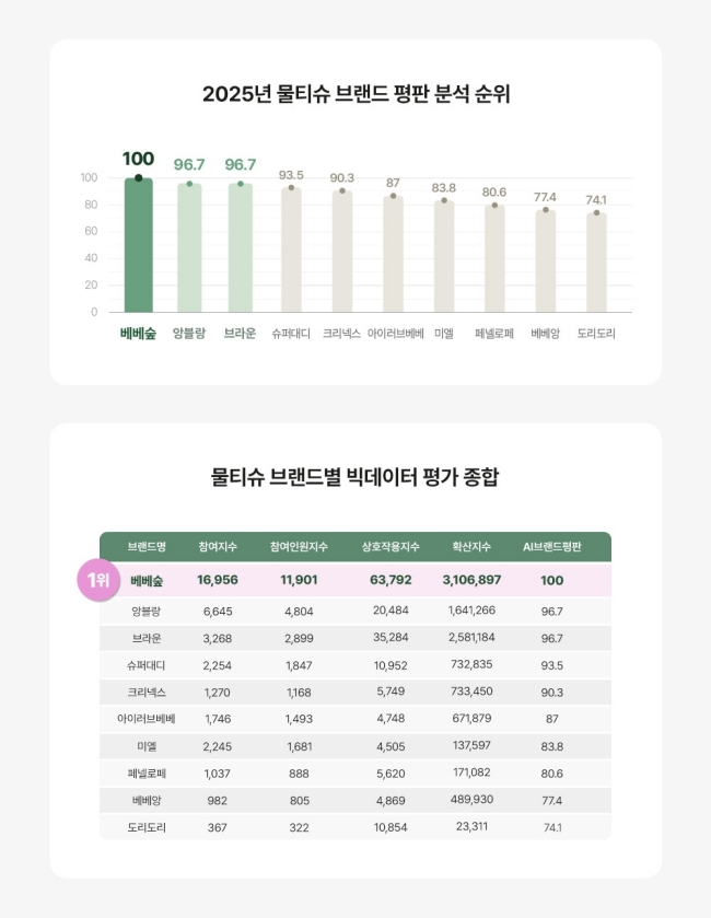 2025년 종합 진성 소비자 기반, 물티슈 AI브랜드 평판