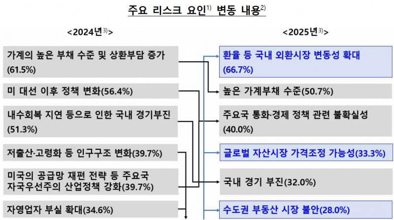 금융전문가들이 지적한 국내 리스크의 2024년과 2025년 비교. 자료=한국은행