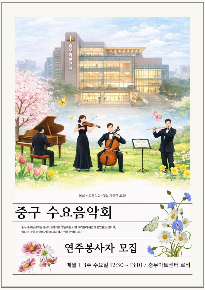 중구문화재단 ‘중구 수요음악회’ 연주봉사자 모집 메인포스터. (사진제공=중구문화재단)