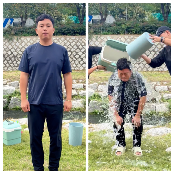 제일로직스 허규성 대표가 루게릭병 환우 지원을 위한 ‘아이스버킷 챌린지’에 참여해 얼음물을 뒤집어쓰며 나눔 실천에 동참하고 있다./사진=제일로직스 제공