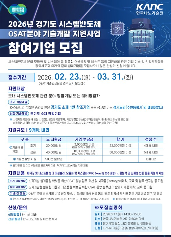 한국나노기술원, 2026년 시스템반도체 후공정(OSAT) 기술개발 지원사업 참가 기업 모집