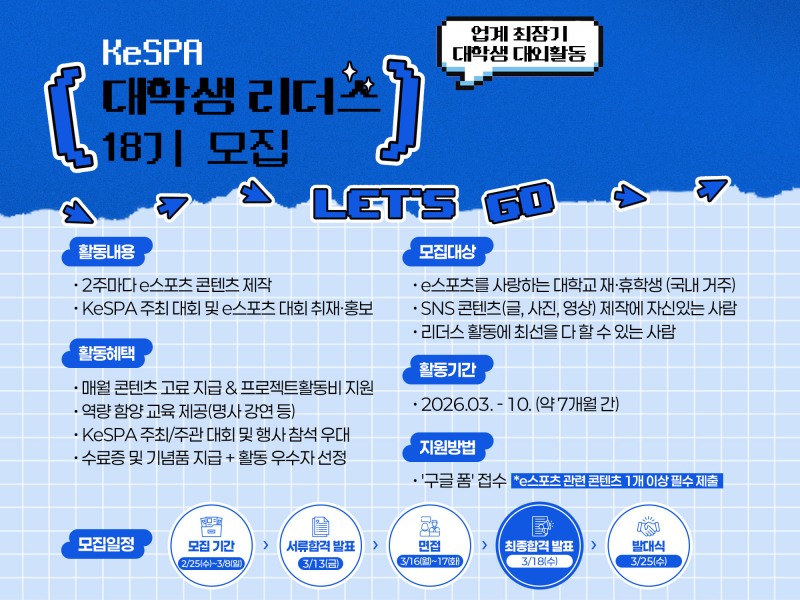 KeSPA 대학생 리더스 18기 모집(이미지=협회 제공).