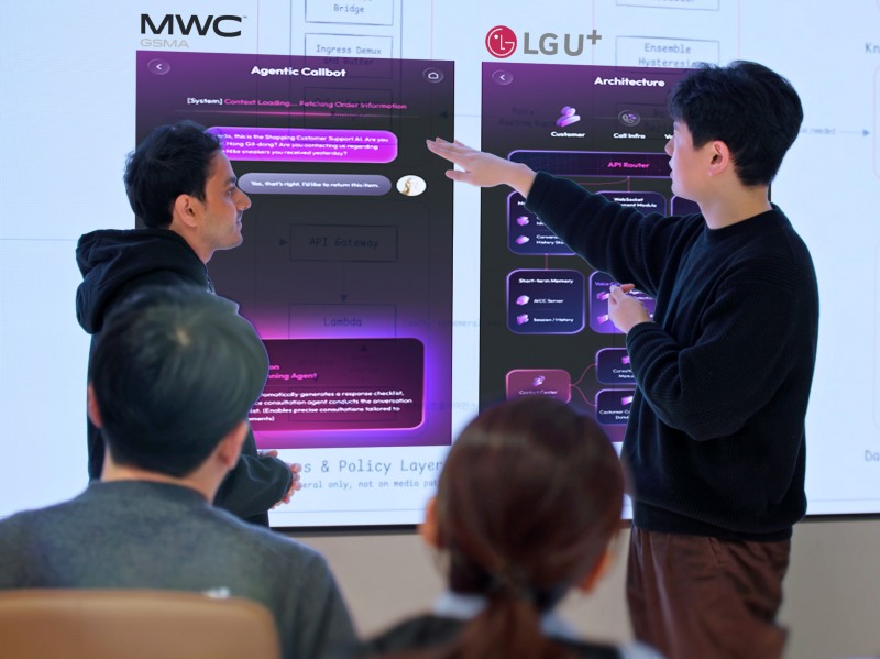 LG유플러스 세계 최대 이동통신 전시회 MWC26에서 오픈AI와 협업한 차세대 고객 상담 솔루션 '에이전틱(Agentic) AICC' 기술을 공개한다. 사진은 LG유플러스 임직원과 오픈AI 임직원이 회의하고 있는 모습./LG유플러스